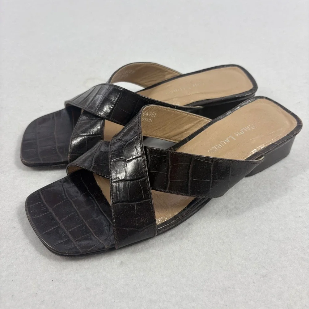 VTG Y2K Ralph Lauren Slide Sandals Women 6.5B Brown Croc Embossed Mule Old Money